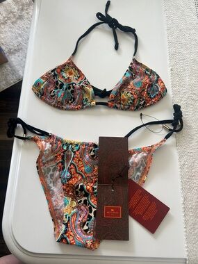 Etro Bright Multicolor Paisley Triangle Bikini with Black Straps